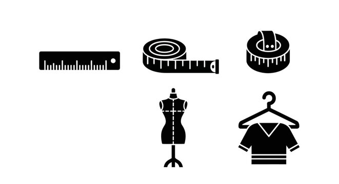 Tailoring Icons: Ruler, Measuring Tape, Mannequin, Hanger with Shirt