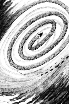 Hand drawn sketch of spacecraft orbiting a fiery orbit combination of white, grey and black color