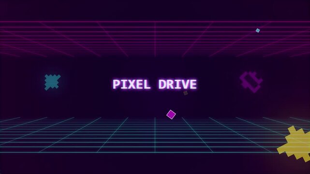 Retro Neon Grid Background with Animated Floating Pixelated Shapes