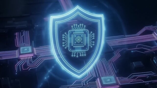 Glowing blue digital shield Robust cybersecurity protection, data security, advanced network technology