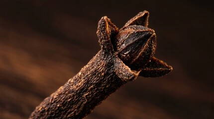 Fototapeta premium Extreme Macro of a Single Dried Clove Showing Four Lobed Calyx Crown and Ridged Stem with Natural Essential Oil Sheen Under Side Light.