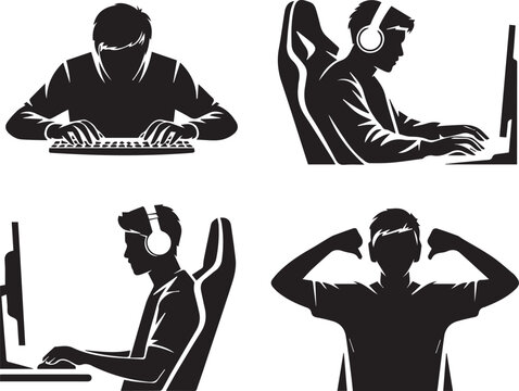 Collection of gaming and computer usage silhouettes for icons with silhouette