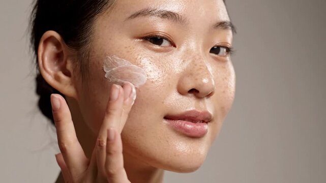 Young asian woman applying cream to freckled face in a studio close-up.