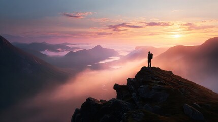 Obraz premium Lone hiker standing on a rocky mountain peak looking at a beautiful golden sunset over the misty valley below today
