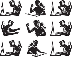 Professional gamer silhouette icons set with silhouette computer videogame © Saiful