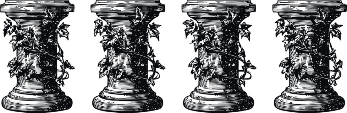 engraving classical stone columns with vine leaves ancient architectural pilasters design