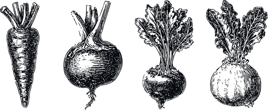 vintage engraved illustration of root vegetables including carrot and turnip set