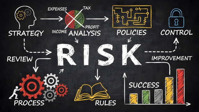 Business risk management infographic with strategy and process on chalkboard