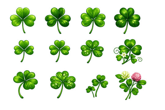 A set of lively clovers in various shades of green and pink. Perfect for St. Patrick's Day or any festive occasion.