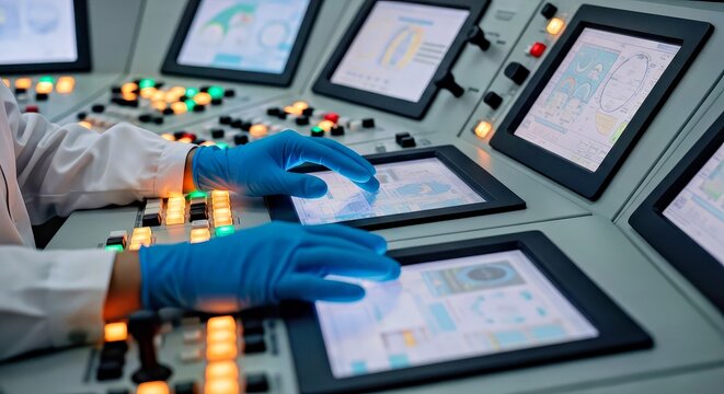 Hands Wearing Blue Gloves Operating Control Panels With Digital Screens and Buttons in a Technical Control Room