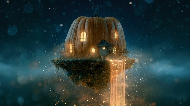 Floating island in starry sky with spooky cottage shaped like massive carved pumpkin, glowing windows situated under twilight night canopy
