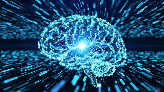 Digital glowing brain in high speed blue data stream.