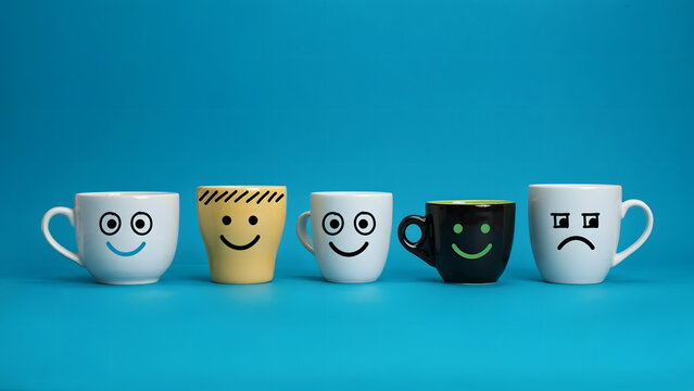 Row of coffee cups featuring different happy and sad emotional facial expressions