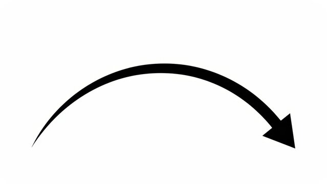 Simple black curved arrow pointing down on a white background