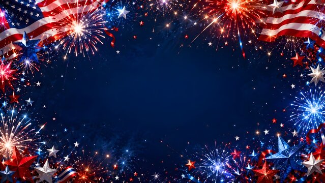 Patriotic fourth of july background with american flags, fireworks, and stars
