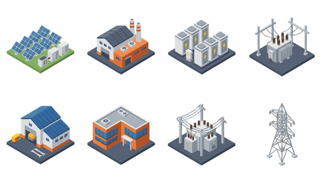 Isometric illustration of renewable energy and industrial buildings.