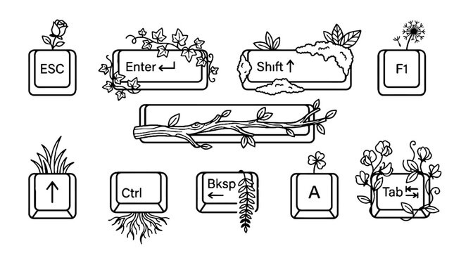 Creative line art illustration of computer keyboard keys with growing plants and flowers.