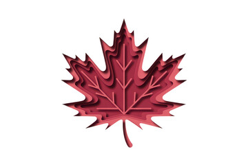 Fototapeta premium A layered paper cut style maple leaf in shades of red and pink, isolated on a solid black background, for autumn season themes