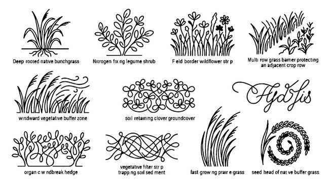 Collection of hand drawn botanical sketches featuring various grasses wildflowers and vegetative buffer zones.