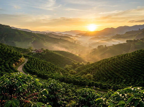 Sunrise over a vast, misty coffee plantation landscape with rolling green hills and a winding road, showcasing the beauty of agricultural valleys.