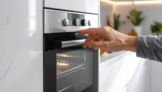 Hand adjusting built-in oven's control knob in a modern kitchen setting with green plants visible