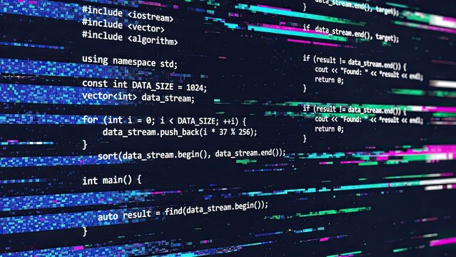 Dynamic digital data stream with programming code visualized in gigapixel art scale for technology and software development