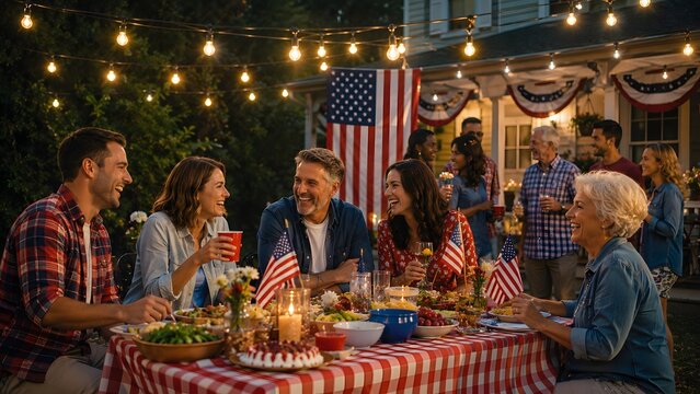 Happy multigenerational family and friends celebrating 4th of july with a festive outdoor dinner party at home