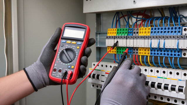 Electrician testing electrical panel with multimeter