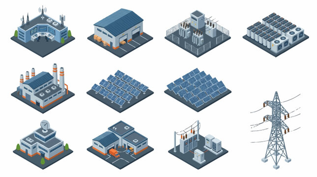 Isometric Industrial Buildings and Power Infrastructure Set.