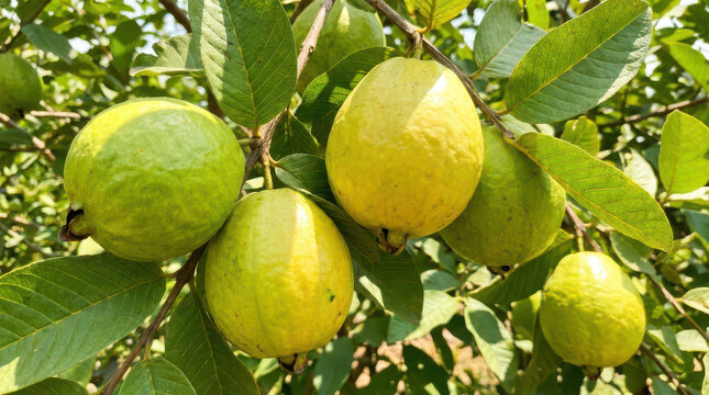 Fresh green guavas hang from tree branches with leaves outdoors