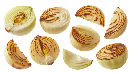 Fototapeta premium Multiple pieces of fresh grilled yellow onions arranged in a collection isolated on white background