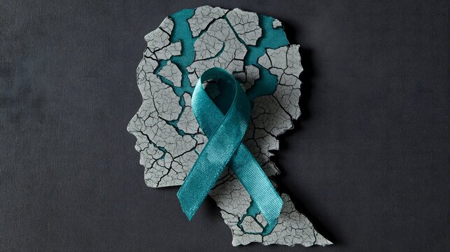 Paper cut head profile with cracked texture and teal ribbon on dark background. Represents the fragmentation of mind in PTSD, trauma impact, and the process of healing broken pieces.