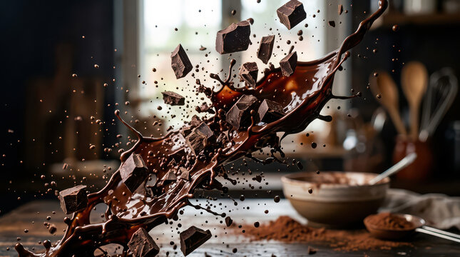 Chocolate chunks and cocoa powder explode in a kitchen air, hitting a bowl.