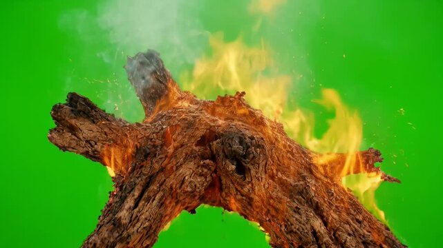 Gnarled Branch Burning with Flames on Green Screen Loop