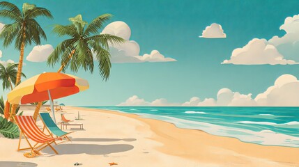 Obraz premium Summer vector background with colorful beach illustrations, vibrant style, sunny day setting, outdoor location, copy space for banners and social media