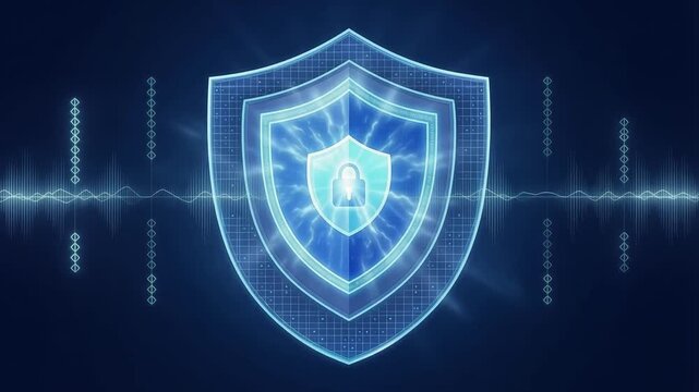 Glowing blue digital shield displaying padlock. Powerful cyber security safeguards sensitive data privacy and online networks