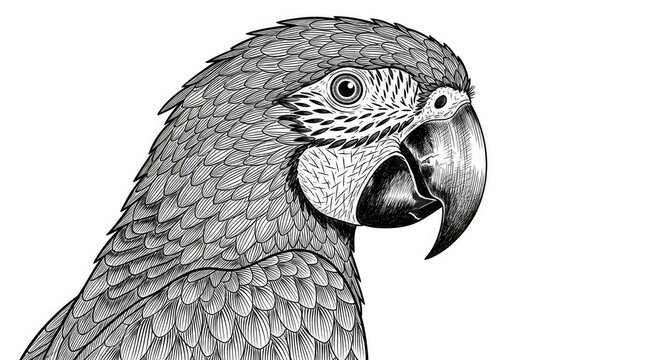 Macaw parrot head black and white line art.