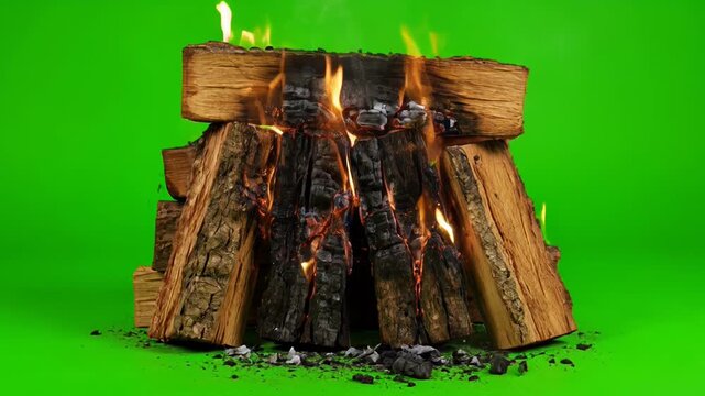 Stack of Firewood Logs Burning with Flames and Ash on Green Screen Loop