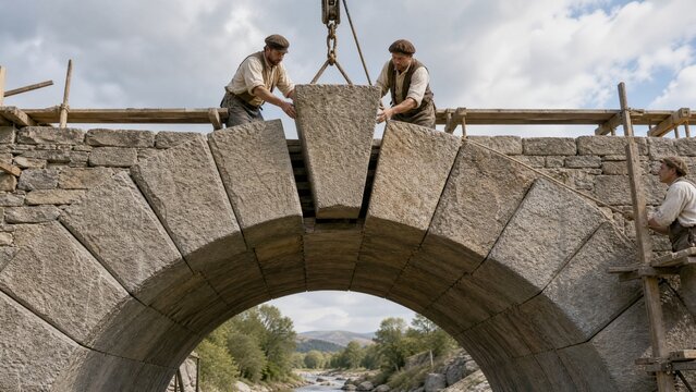 keystone. The final keystone being placed into a stone arch bridge, architectural detail. real-estate listings.