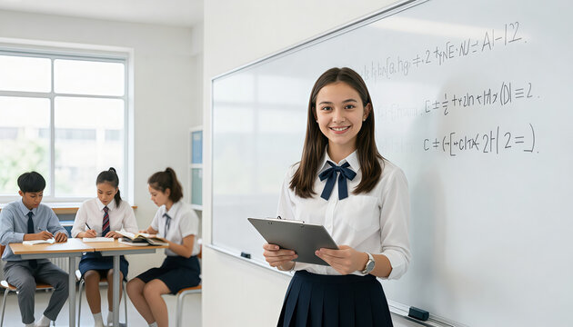 Smiling student holding clipboard by whiteboard in classroom