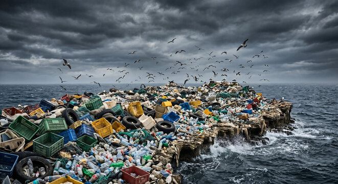 Massive pile of plastic waste and garbage on a rocky coastline with seagulls under stormy sky.