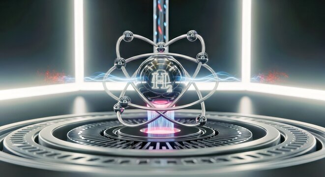 Hydrogen Atom Model With Helium Symbol on Metallic Circular Platform