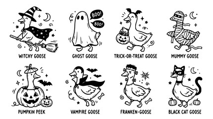Obraz premium Set of cute halloween geese characters in various costumes