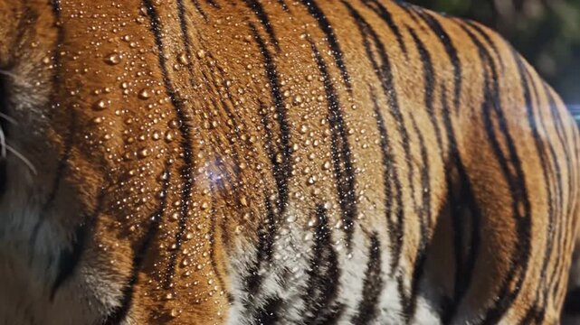 Detailed close-up of tiger fur with water droplets.