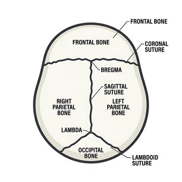 Human skull top view with labeled cranial sutures.