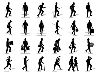 Fototapeta premium Silhouettes of People Ascending Stairs in Various Activities
