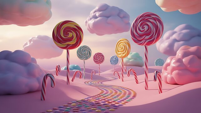 oversized lollipops, candy canes, and gumdrops lining the path, soft pastel-colored cotton candy clouds floating in the sky 
