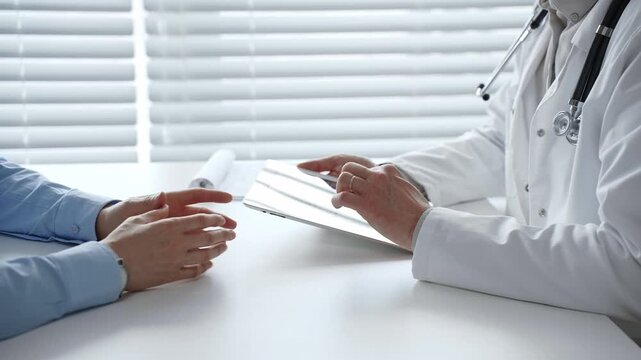 Doctor reviews digital health records with patient on tablet, explaining diagnosis and treatment options to support informed decisions and clear communication in a modern clinic setting