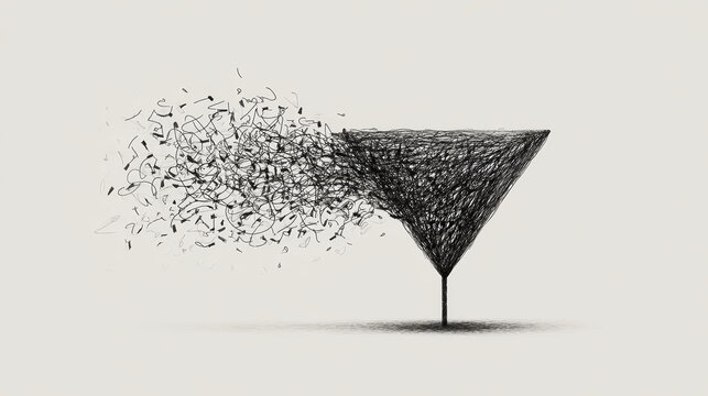Minimalist funnel with messy scribbles turning into a single straight line, concept of clarity and problem solving, professional process simplification flat vector illustration.
