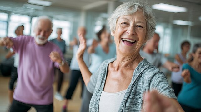 Joyful senior woman with gray hair laughing while participating in a vibrant indoor dance fitness class with other people
